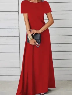 Discount Women's Long Dress Maxi Dress Casual Dress Swing Dress Fashion Outdoor Party Holiday Regular Fit Plain Short Sleeve Crew Neck Black Red Blue Summer Women Work Dresses