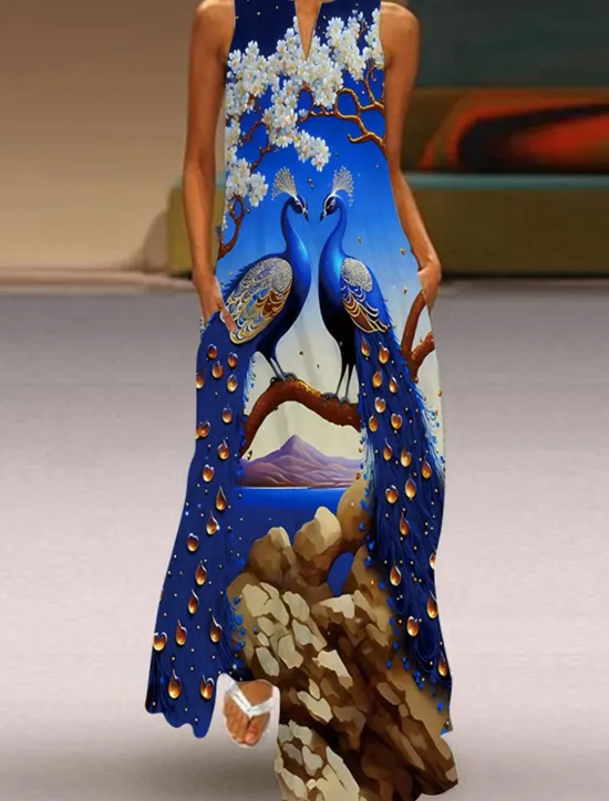 Outlet Women's Long Dress Maxi Dress Casual Dress Print Dress Floral Peacock Fish Streetwear Casual Outdoor Vacation Going out Pocket Print Sleeveless V Neck Dress Regular Fit Yellow Royal Blue Blue Summer Women Vacation Dresses