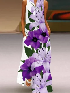 Outlet Women's Long Dress Maxi Dress Casual Dress Print Dress Floral Peacock Fish Streetwear Casual Outdoor Vacation Going out Pocket Print Sleeveless V Neck Dress Regular Fit Yellow Royal Blue Blue Summer Women Vacation Dresses