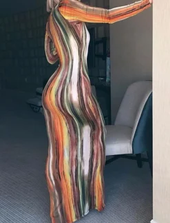 Hot Women's Long Dress Maxi Dress Casual Dress Boho Dress Fashion Modern Outdoor Holiday Date Regular Fit Striped Long Sleeve Deep V Orange Green Gray Summer Spring Women Floral Dresses