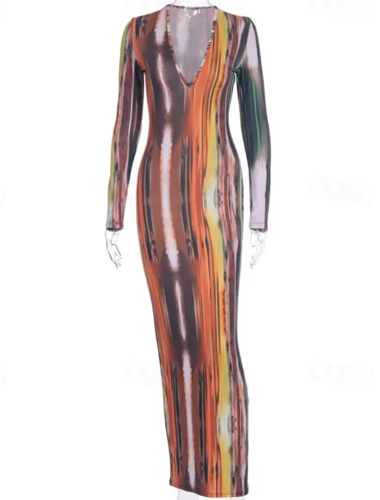 Hot Women's Long Dress Maxi Dress Casual Dress Boho Dress Fashion Modern Outdoor Holiday Date Regular Fit Striped Long Sleeve Deep V Orange Green Gray Summer Spring Women Floral Dresses