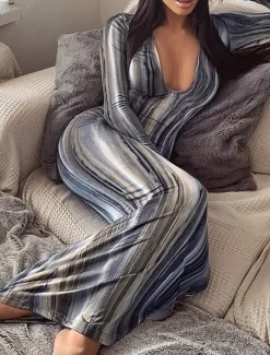 Hot Women's Long Dress Maxi Dress Casual Dress Boho Dress Fashion Modern Outdoor Holiday Date Regular Fit Striped Long Sleeve Deep V Orange Green Gray Summer Spring Women Floral Dresses