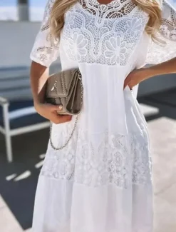 Sale Women's Long Dress Maxi Dress Lace Dress Boho Dress Elegant Stylish Casual Vacation Daily Regular Fit Plain Short Sleeve Crew Neck Black White Blue Summer Spring Women White Dresses