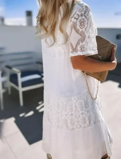 Sale Women's Long Dress Maxi Dress Lace Dress Boho Dress Elegant Stylish Casual Vacation Daily Regular Fit Plain Short Sleeve Crew Neck Black White Blue Summer Spring Women White Dresses