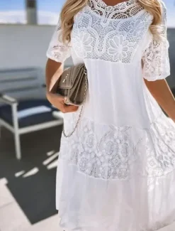Sale Women's Long Dress Maxi Dress Lace Dress Boho Dress Elegant Stylish Casual Vacation Daily Regular Fit Plain Short Sleeve Crew Neck Black White Blue Summer Spring Women White Dresses