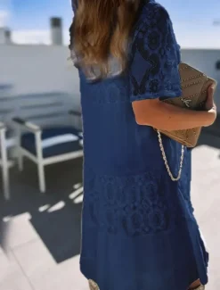 Sale Women's Long Dress Maxi Dress Lace Dress Boho Dress Elegant Stylish Casual Vacation Daily Regular Fit Plain Short Sleeve Crew Neck Black White Blue Summer Spring Women White Dresses