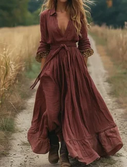 Sale Women's Long Dress Maxi Dress Casual Dress Swing Dress Summer Dress Boho Dress Vintage Vacation Daily Holiday Regular Fit Leopard Long Sleeve V Neck Fuchsia Summer Women Floral Dresses