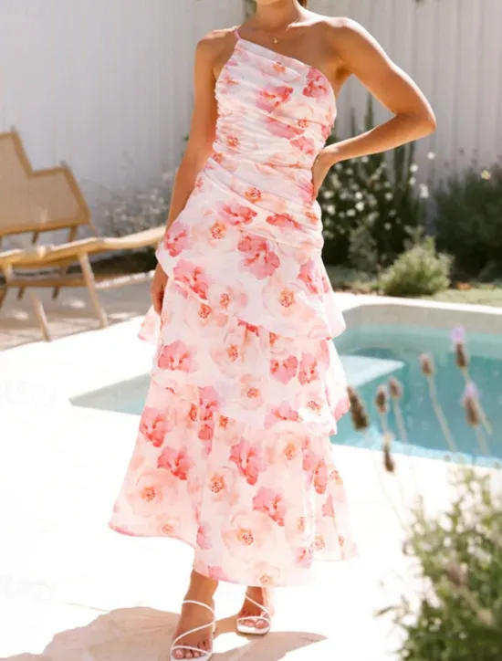 Clearance Women's Long Dress Maxi Dress Floral Dress Print Dress Fashion Modern Outdoor Vacation Holiday Regular Fit Flower Sleeveless One Shoulder Pink Blue Light Purple Light Blue Summer Women Floral Dresses