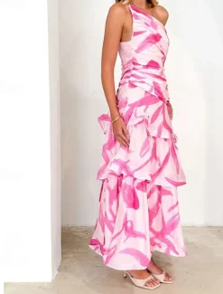 Clearance Women's Long Dress Maxi Dress Floral Dress Print Dress Fashion Modern Outdoor Vacation Holiday Regular Fit Flower Sleeveless One Shoulder Pink Blue Light Purple Light Blue Summer Women Floral Dresses