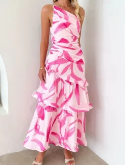 Clearance Women's Long Dress Maxi Dress Floral Dress Print Dress Fashion Modern Outdoor Vacation Holiday Regular Fit Flower Sleeveless One Shoulder Pink Blue Light Purple Light Blue Summer Women Floral Dresses