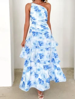 Clearance Women's Long Dress Maxi Dress Floral Dress Print Dress Fashion Modern Outdoor Vacation Holiday Regular Fit Flower Sleeveless One Shoulder Pink Blue Light Purple Light Blue Summer Women Floral Dresses