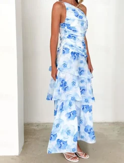 Clearance Women's Long Dress Maxi Dress Floral Dress Print Dress Fashion Modern Outdoor Vacation Holiday Regular Fit Flower Sleeveless One Shoulder Pink Blue Light Purple Light Blue Summer Women Floral Dresses