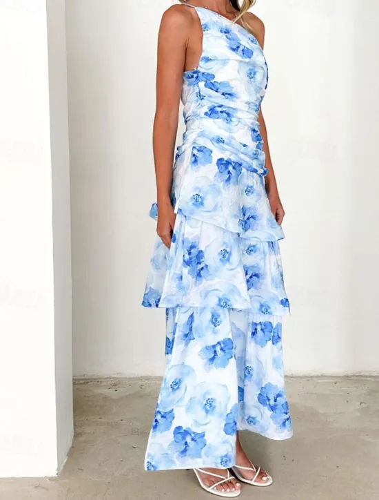 Clearance Women's Long Dress Maxi Dress Floral Dress Print Dress Fashion Modern Outdoor Vacation Holiday Regular Fit Flower Sleeveless One Shoulder Pink Blue Light Purple Light Blue Summer Women Floral Dresses