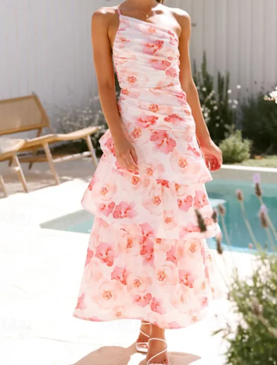 Clearance Women's Long Dress Maxi Dress Floral Dress Print Dress Fashion Modern Outdoor Vacation Holiday Regular Fit Flower Sleeveless One Shoulder Pink Blue Light Purple Light Blue Summer Women Floral Dresses