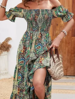 Clearance Women's Long Dress Maxi Dress A Line Dress Summer Dress Boho Dress Elegant Bohemia Stylish Vacation Daily Date Regular Fit Graphic Short Sleeve Off Shoulder Green Dark Blue Summer Women Floral Dresses|Spring Dresses