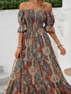 Clearance Women's Long Dress Maxi Dress A Line Dress Summer Dress Boho Dress Elegant Bohemia Stylish Vacation Daily Date Regular Fit Graphic Short Sleeve Off Shoulder Green Dark Blue Summer Women Floral Dresses|Spring Dresses