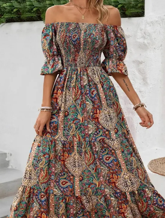 Clearance Women's Long Dress Maxi Dress A Line Dress Summer Dress Boho Dress Elegant Bohemia Stylish Vacation Daily Date Regular Fit Graphic Short Sleeve Off Shoulder Green Dark Blue Summer Women Floral Dresses|Spring Dresses