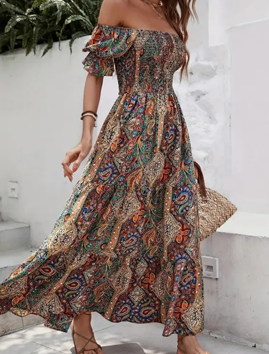Clearance Women's Long Dress Maxi Dress A Line Dress Summer Dress Boho Dress Elegant Bohemia Stylish Vacation Daily Date Regular Fit Graphic Short Sleeve Off Shoulder Green Dark Blue Summer Women Floral Dresses|Spring Dresses