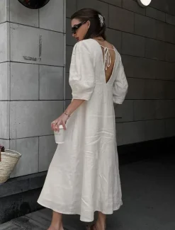 Clearance Women's Long Dress Maxi Dress Casual Dress Summer Dress Boho Dress Elegant Fashion Basic Puff Sleeve Office Birthday Daily Regular Fit Plain Half Sleeve Deep V Summer Spring Fall Women White Dresses