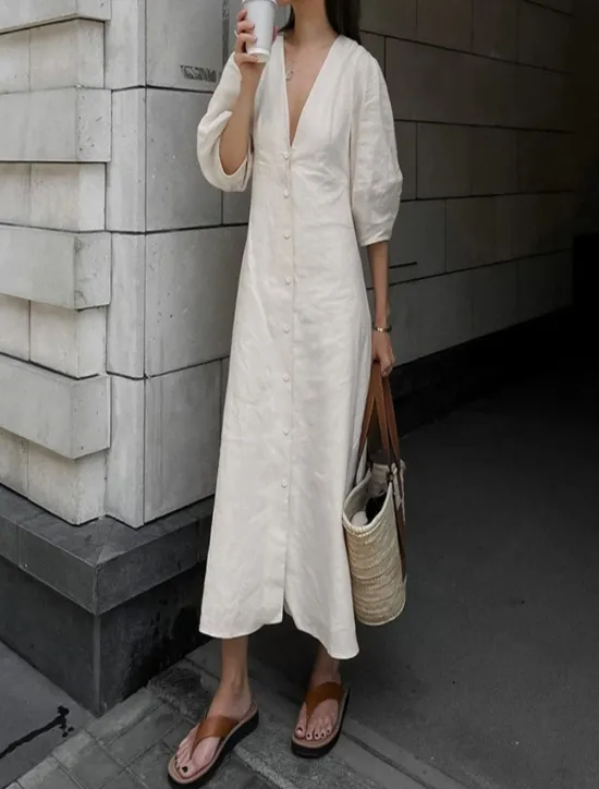 Clearance Women's Long Dress Maxi Dress Casual Dress Summer Dress Boho Dress Elegant Fashion Basic Puff Sleeve Office Birthday Daily Regular Fit Plain Half Sleeve Deep V Summer Spring Fall Women White Dresses