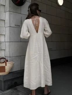 Clearance Women's Long Dress Maxi Dress Casual Dress Summer Dress Boho Dress Elegant Fashion Basic Puff Sleeve Office Birthday Daily Regular Fit Plain Half Sleeve Deep V Summer Spring Fall Women White Dresses