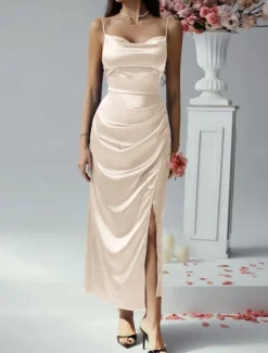 Women's Long Dress Maxi Dress Prom Dress Party Dress Satin Dress Elegant Mature Elegant Dress Wedding Party Wedding Guest Regular Fit Plain Sleeveless Spaghetti Strap Black Champagne Pink Blue Summer Women Sundresses
