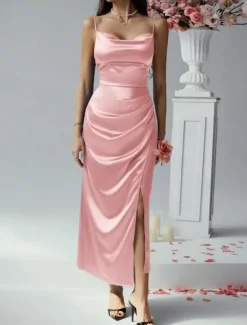 Women's Long Dress Maxi Dress Prom Dress Party Dress Satin Dress Elegant Mature Elegant Dress Wedding Party Wedding Guest Regular Fit Plain Sleeveless Spaghetti Strap Black Champagne Pink Blue Summer Women Sundresses