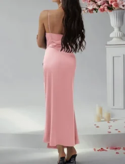 Women's Long Dress Maxi Dress Prom Dress Party Dress Satin Dress Elegant Mature Elegant Dress Wedding Party Wedding Guest Regular Fit Plain Sleeveless Spaghetti Strap Black Champagne Pink Blue Summer Women Sundresses