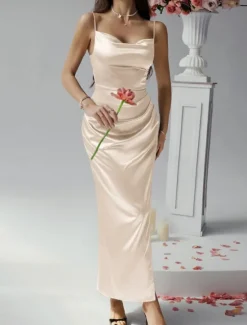 Women's Long Dress Maxi Dress Prom Dress Party Dress Satin Dress Elegant Mature Elegant Dress Wedding Party Wedding Guest Regular Fit Plain Sleeveless Spaghetti Strap Black Champagne Pink Blue Summer Women Sundresses