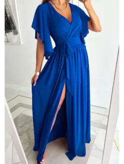 Discount Women's Long Dress Maxi Dress Formal Dress Fashion Flare Cuff Sleeve Party Date Regular Fit Plain Short Sleeve V Neck Black Red Blue Khaki Summer Women White Dresses
