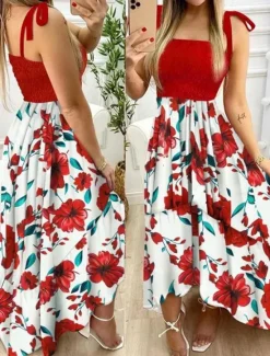 Women's Long Dress Maxi Dress A Line Dress Floral Dress Summer Dress Cami Dress Elegant Stylish Vacation Daily Date Regular Fit Floral Sleeveless Square Neck Yellow Pink Red Dark Blue Summer Women Spring Dresses