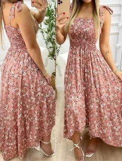 Women's Long Dress Maxi Dress A Line Dress Floral Dress Summer Dress Cami Dress Elegant Stylish Vacation Daily Date Regular Fit Floral Sleeveless Square Neck Yellow Pink Red Dark Blue Summer Women Spring Dresses