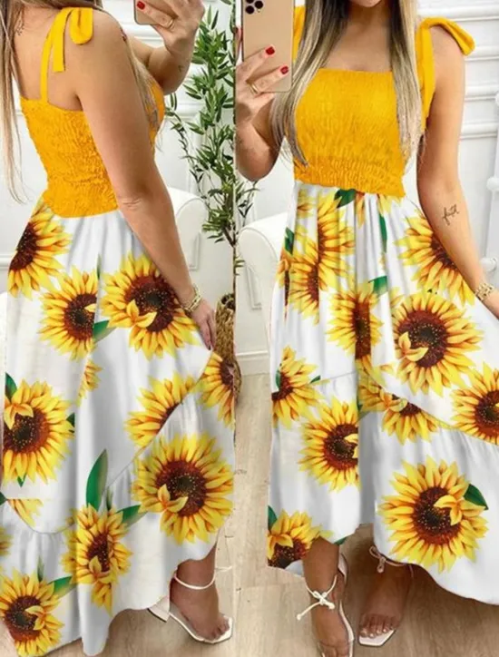 Women's Long Dress Maxi Dress A Line Dress Floral Dress Summer Dress Cami Dress Elegant Stylish Vacation Daily Date Regular Fit Floral Sleeveless Square Neck Yellow Pink Red Dark Blue Summer Women Spring Dresses