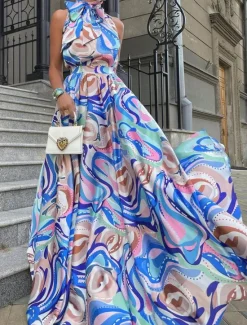 Sale Women's Long Dress Maxi Dress Casual Dress Cocktail Dress Wedding Guest Dress Chiffon Dress Stylish Casual Vacation Daily Date Regular Fit Color Gradient Sleeveless Stand Collar Pink Blue Summer Women Cocktail Dress