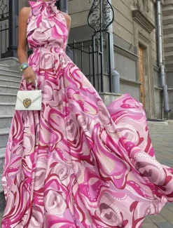 Sale Women's Long Dress Maxi Dress Casual Dress Cocktail Dress Wedding Guest Dress Chiffon Dress Stylish Casual Vacation Daily Date Regular Fit Color Gradient Sleeveless Stand Collar Pink Blue Summer Women Cocktail Dress