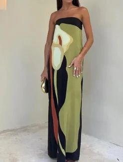 Sale Women's Long Dress Maxi Dress Cocktail Dress Print Dress Fashion Modern Vacation Holiday Tea Party Regular Fit Color Block Sleeveless Strapless Summer Women Work Dresses