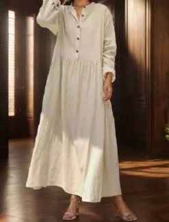 Best Women's Long Dress Maxi Dress Linen-Inspired Dresses Cotton Linen Dress Hawaiian Regular Fit Solid Color Long Sleeve Crew Neck claret Beige Summer Spring Women Dresses