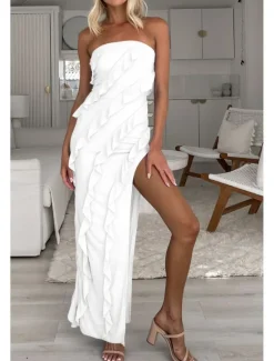 New Women's Long Dress Maxi Dress Dress Graduation Dress Party Dress Elegant Fashion Party Birthday Graduation Regular Fit Plain Sleeveless Strapless Summer Women White Dresses