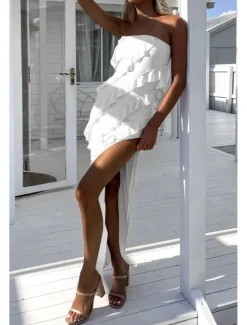 New Women's Long Dress Maxi Dress Dress Graduation Dress Party Dress Elegant Fashion Party Birthday Graduation Regular Fit Plain Sleeveless Strapless Summer Women White Dresses