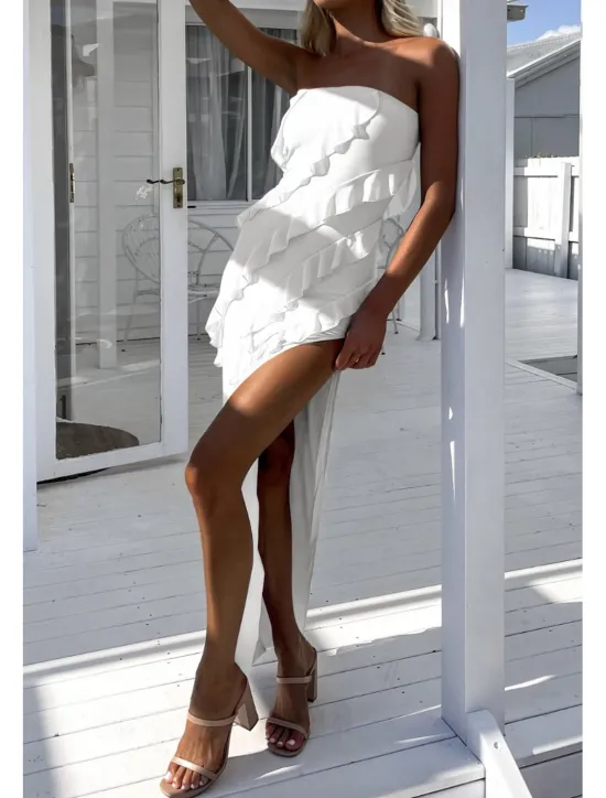 New Women's Long Dress Maxi Dress Dress Graduation Dress Party Dress Elegant Fashion Party Birthday Graduation Regular Fit Plain Sleeveless Strapless Summer Women White Dresses