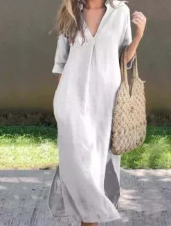 Online Women's Long Dress Maxi Dress Linen-Inspired Dresses Elegant Regular Fit Half Sleeve V Neck Black White Summer Spring Women Dresses
