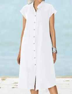 Sale Women's Long Dress Maxi Dress Linen-Inspired Dresses Shirt Dress Casual Dress Cotton Linen Dress Stylish Casual Vacation Daily Date Regular Fit Plain Short Sleeve Stand Collar Black White Gray Summer Women Dresses