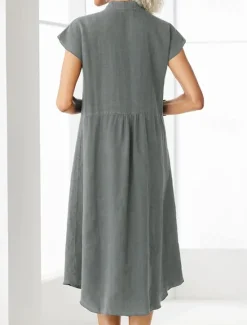 Sale Women's Long Dress Maxi Dress Linen-Inspired Dresses Shirt Dress Casual Dress Cotton Linen Dress Stylish Casual Vacation Daily Date Regular Fit Plain Short Sleeve Stand Collar Black White Gray Summer Women Dresses