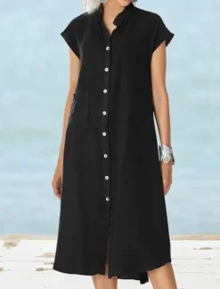 Sale Women's Long Dress Maxi Dress Linen-Inspired Dresses Shirt Dress Casual Dress Cotton Linen Dress Stylish Casual Vacation Daily Date Regular Fit Plain Short Sleeve Stand Collar Black White Gray Summer Women Dresses