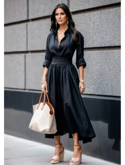 Outlet Women's Long Dress Maxi Dress Swing Dress Elegant Going out Regular Fit Pure Color Long Sleeve V Neck Black White Fall Women White Dresses