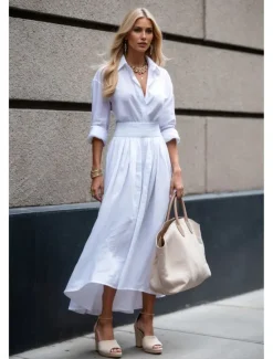 Outlet Women's Long Dress Maxi Dress Swing Dress Elegant Going out Regular Fit Pure Color Long Sleeve V Neck Black White Fall Women White Dresses