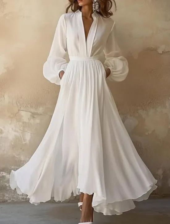 New Women's Long Dress Maxi Dress Dress Swing Dress Fashion Outdoor Vacation Holiday Regular Fit Plain Long Sleeve V Neck Summer Women White Dresses