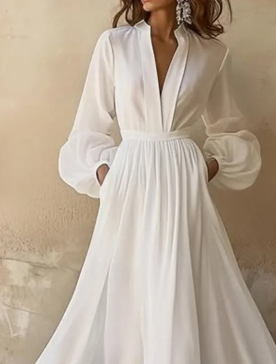 New Women's Long Dress Maxi Dress Dress Swing Dress Fashion Outdoor Vacation Holiday Regular Fit Plain Long Sleeve V Neck Summer Women White Dresses