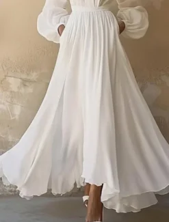 New Women's Long Dress Maxi Dress Dress Swing Dress Fashion Outdoor Vacation Holiday Regular Fit Plain Long Sleeve V Neck Summer Women White Dresses