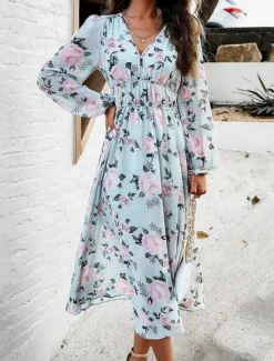 Hot Women's Long Dress Maxi Dress Casual Dress A Line Dress Floral Dress Summer Dress Elegant Stylish Vacation Daily Date Regular Fit Floral Long Sleeve V Neck Pink Light Blue Summer Women Spring Dresses